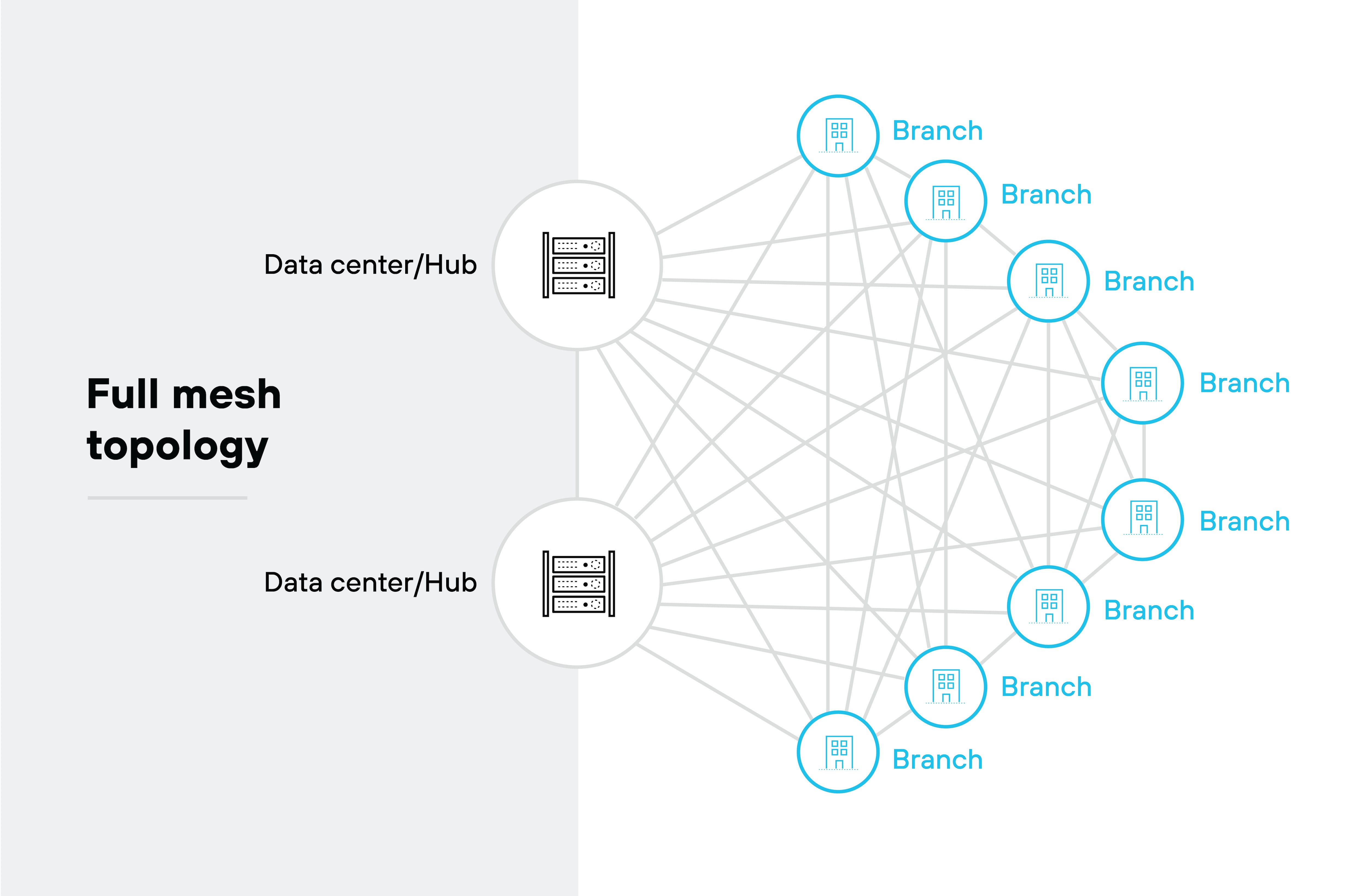 Full mesh topology architecture diagram illustrating a network structure where every branch and data center is interconnected. On the left, two icons labeled Data center/Hub, each represented by a server stack inside a circle, are connected to multiple branch locations on the right. Each branch, shown as a building icon inside a circle and labeled Branch, is connected not only to the data centers but also to all other branches. A web of lines between the branches and data centers demonstrates the full mesh setup, where all nodes (branches and data centers) have direct communication paths with one another. This structure allows for multiple, redundant connections across the network.