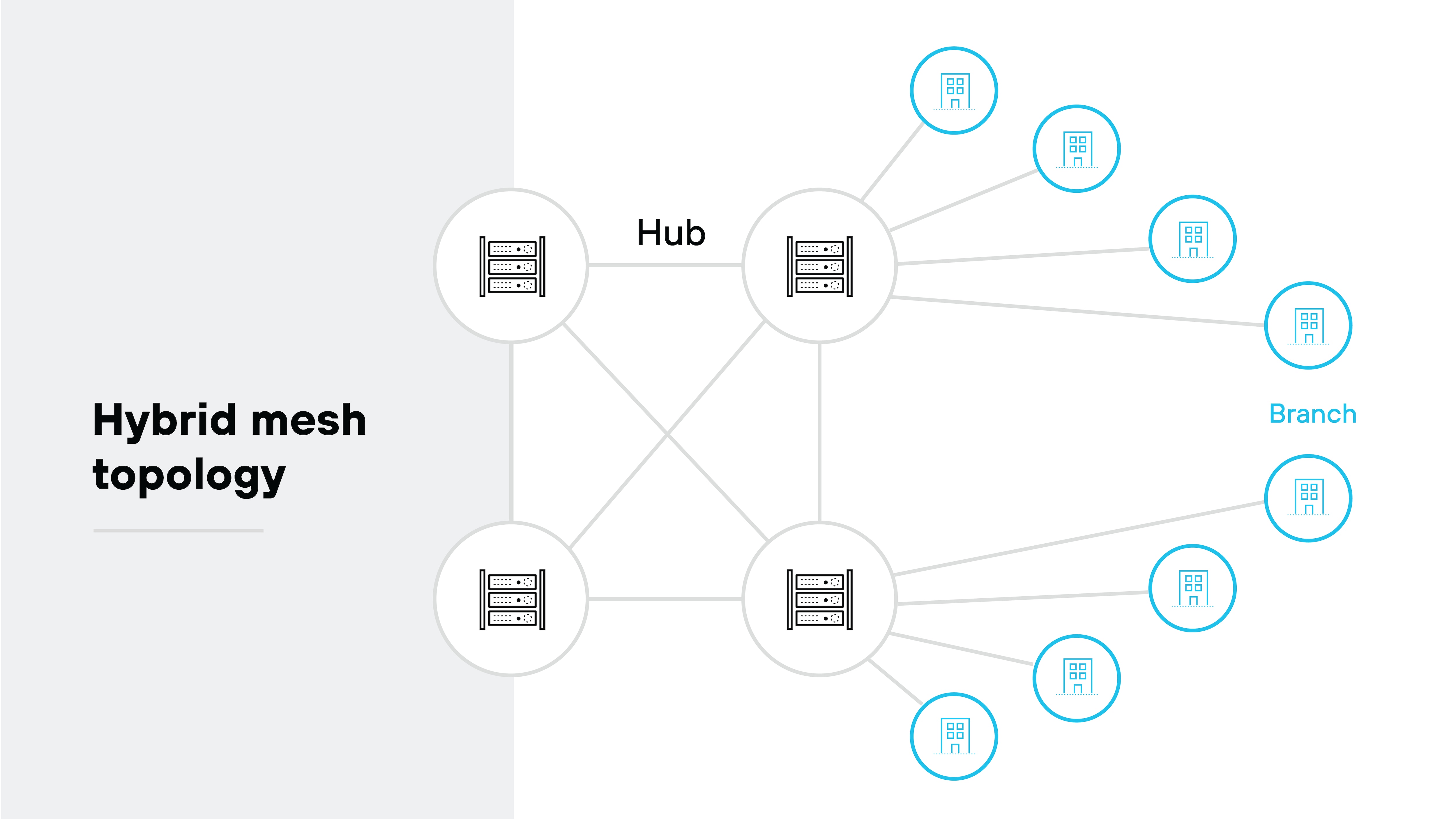Hybrid mesh topology architecture diagram illustrating a network architecture where some components form a mesh, while others connect in a hub-and-spoke manner. On the left, three icons labeled Hub, represented by server stacks inside circles, are interconnected by lines, forming a mesh between them. On the right, branch locations, depicted as building icons inside circles and labeled Branch, are connected to individual hubs in a radial or spoke-like pattern. Each branch connects directly to a hub, but branches do not connect to each other. The diagram illustrates a hybrid approach combining mesh connectivity between hubs and hub-and-spoke connections to branch offices.