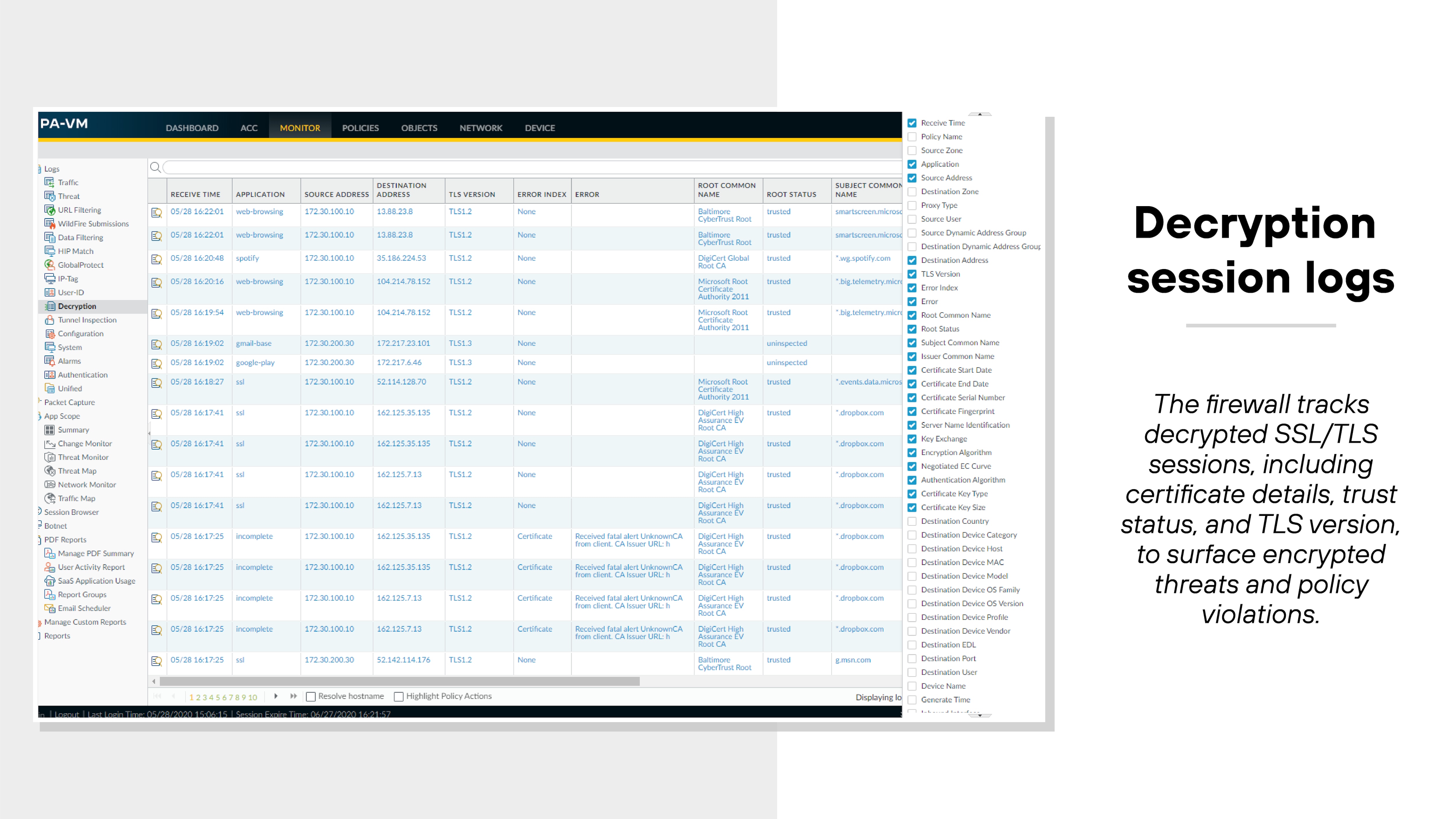 The image shows a screenshot of the PAN-OS user interface from a PA-VM device focused on decryption session logs. The main panel displays a table listing SSL/TLS session entries with columns labeled such as 'Decryption Type,' 'Time,' 'Source Address,' 'Destination Address,' 'Application,' 'TLS Version,' 'Decryption Policy Name,' 'Action,' and 'Error.' Each row contains log entries with source and destination IP addresses, associated applications like 'google-base' and 'paloalto-updates,' TLS versions such as 1.2 or 1.3, and specific decryption policies and actions applied. The left navigation menu displays various log categories under the 'Monitor' tab, while the right side of the image includes a caption stating that the firewall tracks decrypted SSL/TLS sessions, including certificate details, trust status, and TLS version, to surface encrypted threats and policy violations.